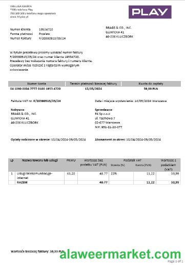 Poland Play business utility bill template in Word and PDF formats